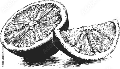 Orange fruit hand drawn sketch, detailed citrus slice and segment illustration — stock vector