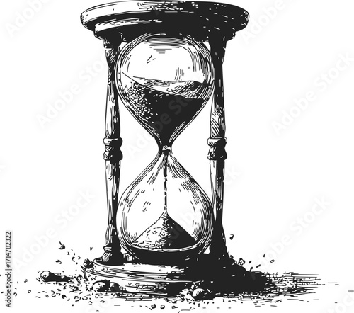 Hourglass sketch hand drawn with sand flowing and scattered grains — stock vector