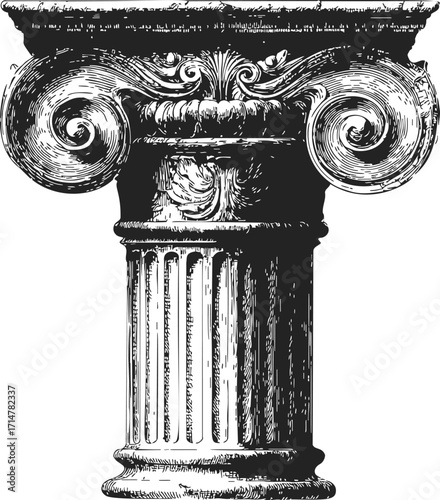 Ionic column capital sketch, hand drawn classical architecture with volutes and fluted shaft — stock vector