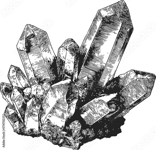 Quartz crystal cluster sketch, hand drawn mineral formation, detailed line art — stock vector