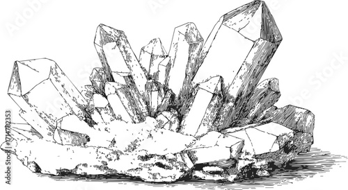 Quartz crystal cluster sketch, hand drawn mineral formation with detailed facets — stock vector