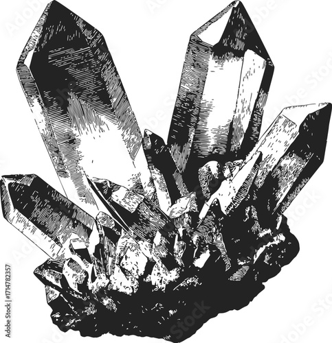Quartz crystal cluster sketch, hand drawn mineral specimen with detailed facets — stock vector
