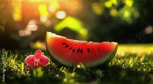 Fresh Watermelon Slice and Vibrant Orchid Flower in Sunlit Garden Setting.