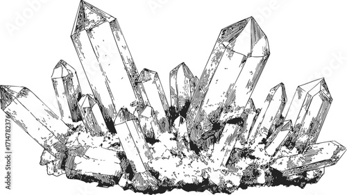 Quartz crystal cluster sketch, hand drawn mineral formation with detailed facets — stock vector