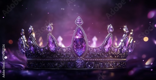 Crown Adorned With Purple Gemstones Resting on a Soft Surface With Shimmering...