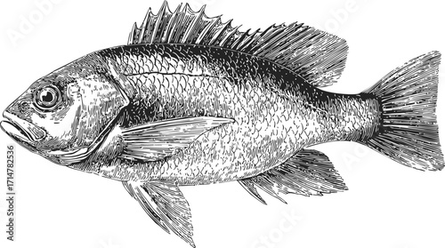 Fish sketch hand drawn detailed side view illustration — stock vector