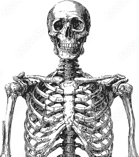 Human skeleton sketch, hand drawn anatomical ribcage and skull detailed front view — stock vector