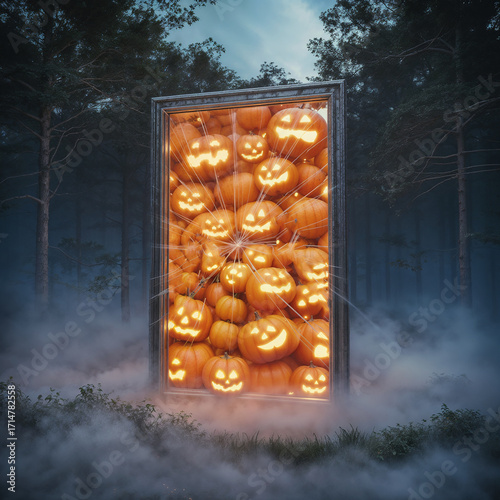Foggy forest scene with a giant mirror reflecting glowing pumpkins and trapped ghostly hands.