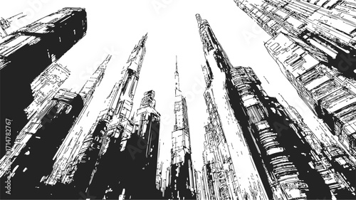Futuristic cityscape sketch, hand drawn tall skyscrapers in dramatic upward perspective — stock vector