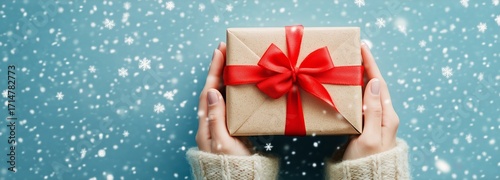 Holiday Gift Wrapped With Red Ribbon Held by Hands Against a Snowy Blue Backg...