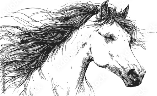 Horse head sketch, hand drawn style with flowing mane — stock vector