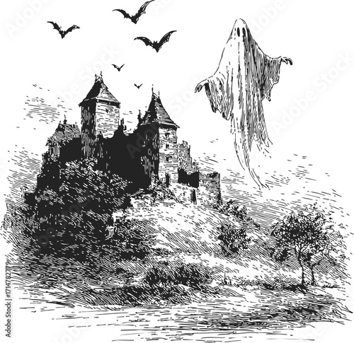 Haunted castle sketch with ghost and bats, hand drawn spooky scene — stock vector