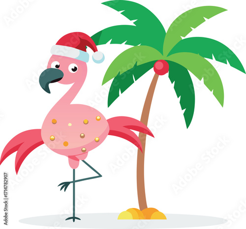 Festive flamingo wearing santa hat beside palm tree