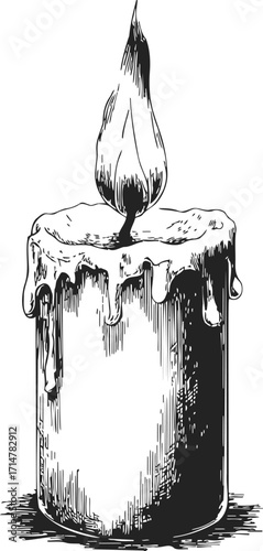 Candle sketch hand drawn with melting wax and burning flame — stock vector