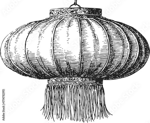Chinese lantern sketch, hand drawn vintage style with ornate fringe — stock vector