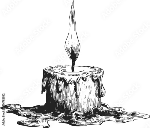 Candle sketch hand drawn with melting wax and burning flame — stock vector