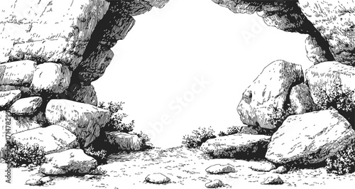 Cave entrance sketch, hand drawn rocky opening with boulders and shrubs — stock vector