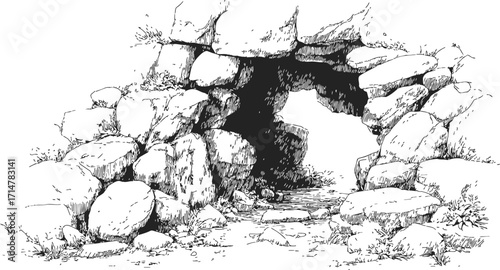 Stone cave entrance sketch, hand drawn rocky archway with natural landscape — stock vector