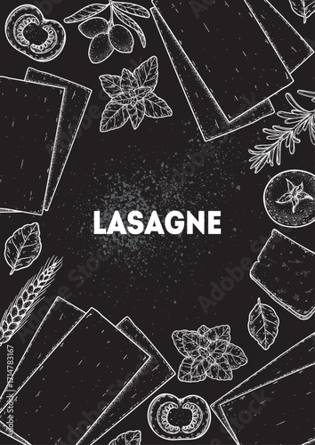 Traditional Italian pasta sketch. Lasagne frame. Italian food. Staple food. Hand drawn vector illustration. Background for packaging, menu. Top view. Not AI