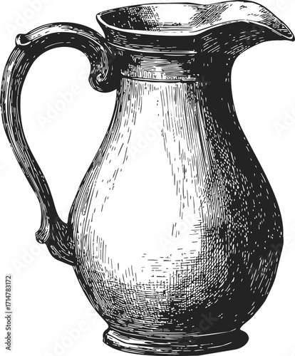 Vintage pitcher sketch, hand drawn line art with ornate handle and spout — stock vector