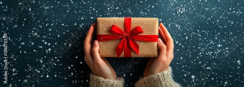 Holding a Wrapped Gift With a Red Bow Against a Snowy Blue Background in Winter.