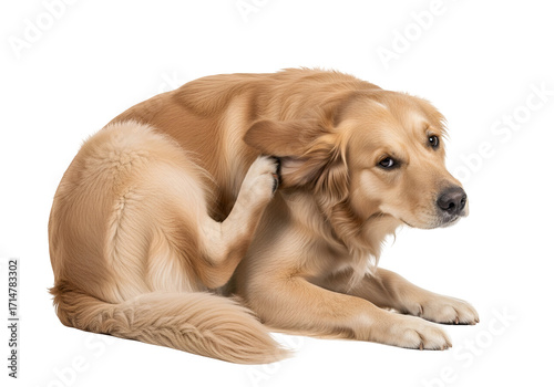 A golden retriever dog is scratching its ear, displaying a concerned and slightly irritated expression against a black background.