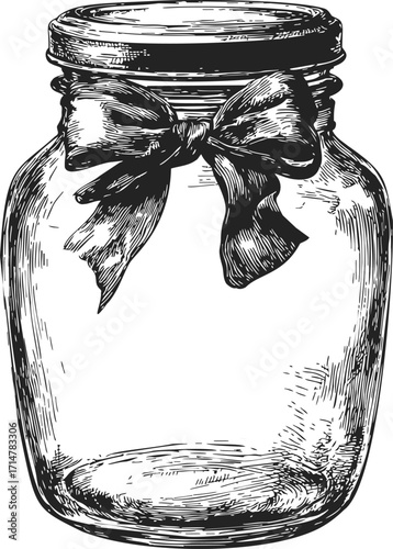 Glass jar sketch hand drawn with ribbon bow and lid — stock vector