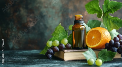 Essential Oil Bottle Surrounded by Fresh Fruits and Green Leaves on a Rustic ...