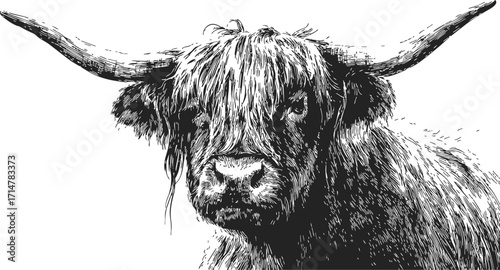 Highland cow sketch, hand drawn vector, detailed head portrait with long horns — stock vector