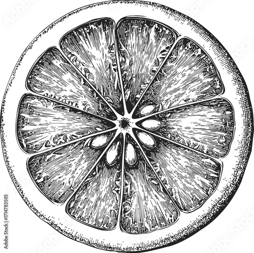 Grapefruit slice sketch hand drawn detailed citrus fruit cross section — stock vector