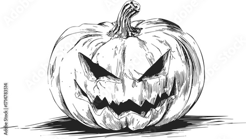 Jack-o'-lantern sketch hand drawn with sinister carved face — stock vector