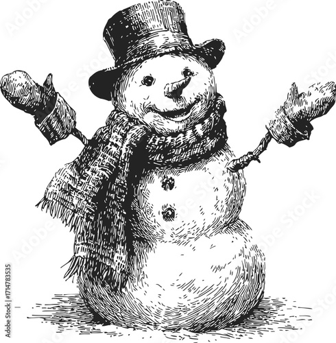 Snowman sketch hand drawn with hat scarf and mittens cheerful winter character — stock vector