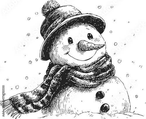 Snowman sketch hand drawn with hat scarf and carrot nose in falling snow — stock vector
