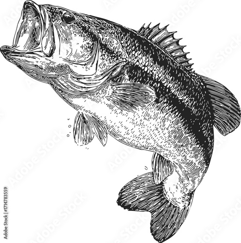 Largemouth bass sketch hand drawn detailed fish illustration isolated on white — stock vector