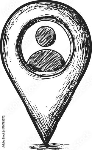 Location pin sketch with user avatar, hand drawn style, black and white — stock vector