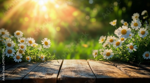 Bright Sunlight Shining on Daisies Along the Wooden Table in a Serene Garden
