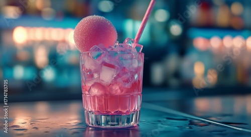 Refreshing Cocktail With a Vibrant Pink Garnish Served in a Bar During the Ev...