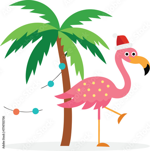 Festive flamingo in a santa hat under a palm tree