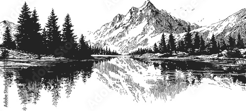 Mountain landscape sketch, hand drawn pine trees and lake reflection scene — stock vector
