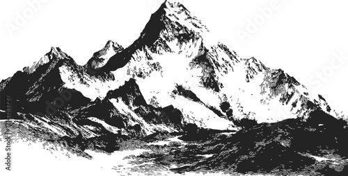 Mountain peak sketch hand drawn black and white rugged alpine landscape — stock vector