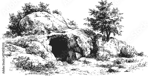Cave entrance sketch, hand drawn rocky landscape with trees and grass — stock vector