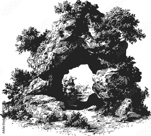 Rock arch sketch, hand drawn vector landscape with trees and boulders — stock vector