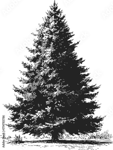 Pine tree sketch hand drawn detailed evergreen conifer with textured branches — stock vector