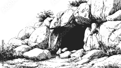 Rock shelter sketch, hand drawn cave entrance with boulders and bushes — stock vector
