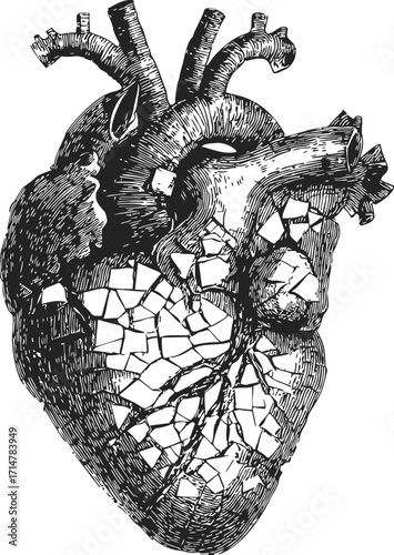 Anatomical heart sketch, hand drawn, cracked and broken effect — stock vector