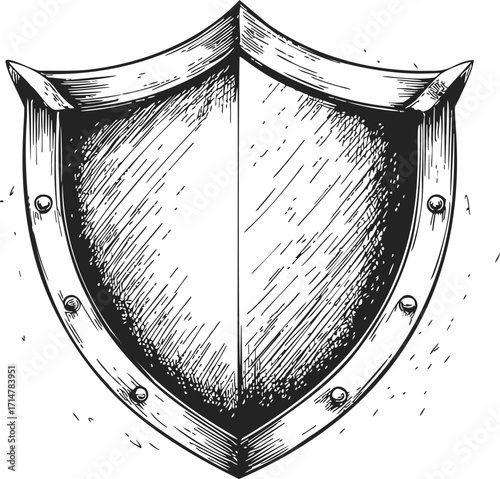 Heater shield sketch, hand drawn medieval armor with rivets and wood texture — stock vector