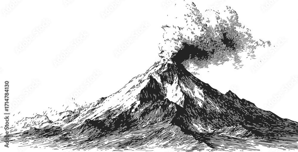 Obraz premium Volcano erupting sketch, hand drawn mountain with smoke and ash plume — stock vector
