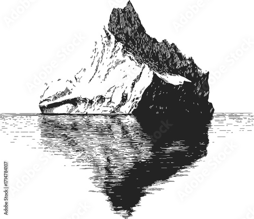 Iceberg sketch hand drawn style with water reflection isolated on white — stock vector