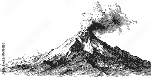 Volcano erupting sketch, hand drawn mountain with smoke and ash plume — stock vector