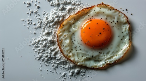 Fried Egg on a White Plate With Flour Scattered Around, Creating a Rustic Kit...